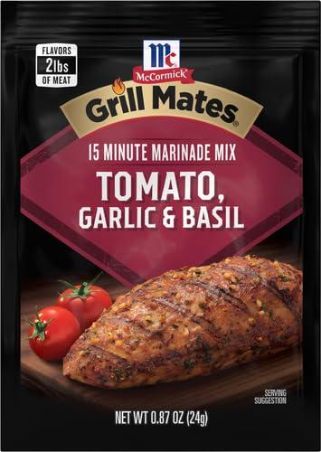 image:imageBackyard barbecues just got juicier and more delicious with McCormick Grill Mates Tomato Garlic amp Basil Marinade This refreshing seasoning features a blend of sweet tomatoes garlic basil and extractives that will keep your guests coming back for more Simply combine one marinade packet with cup water and vegetable or olive oil and 2 tablespoons white or balsamic vinegar with 2 pounds of chicken shrimp or beef marinate grill and enjoy a memorable mouthwatering meal087 Ounce Pack of 6