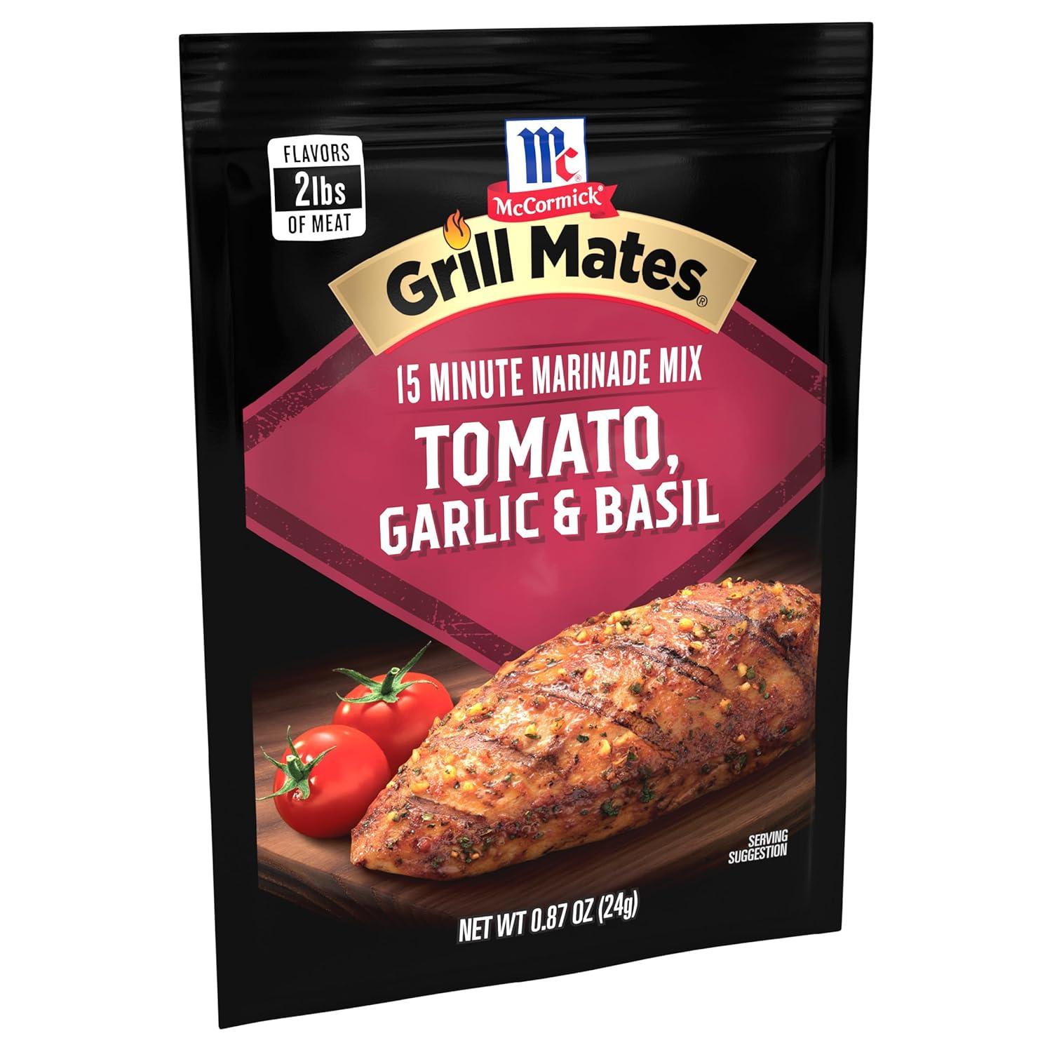 image:imageBackyard barbecues just got juicier and more delicious with McCormick Grill Mates Tomato Garlic amp Basil Marinade This refreshing seasoning features a blend of sweet tomatoes garlic basil and extractives that will keep your guests coming back for more Simply combine one marinade packet with cup water and vegetable or olive oil and 2 tablespoons white or balsamic vinegar with 2 pounds of chicken shrimp or beef marinate grill and enjoy a memorable mouthwatering meal087 Ounce Pack of 12