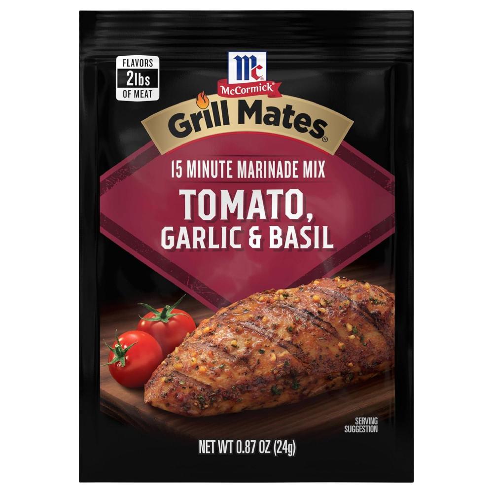 image:imageBackyard barbecues just got juicier and more delicious with McCormick Grill Mates Tomato Garlic amp Basil Marinade This refreshing seasoning features a blend of sweet tomatoes garlic basil and extractives that will keep your guests coming back for more Simply combine one marinade packet with cup water and vegetable or olive oil and 2 tablespoons white or balsamic vinegar with 2 pounds of chicken shrimp or beef marinate grill and enjoy a memorable mouthwatering meal087 Ounce Pack of 6