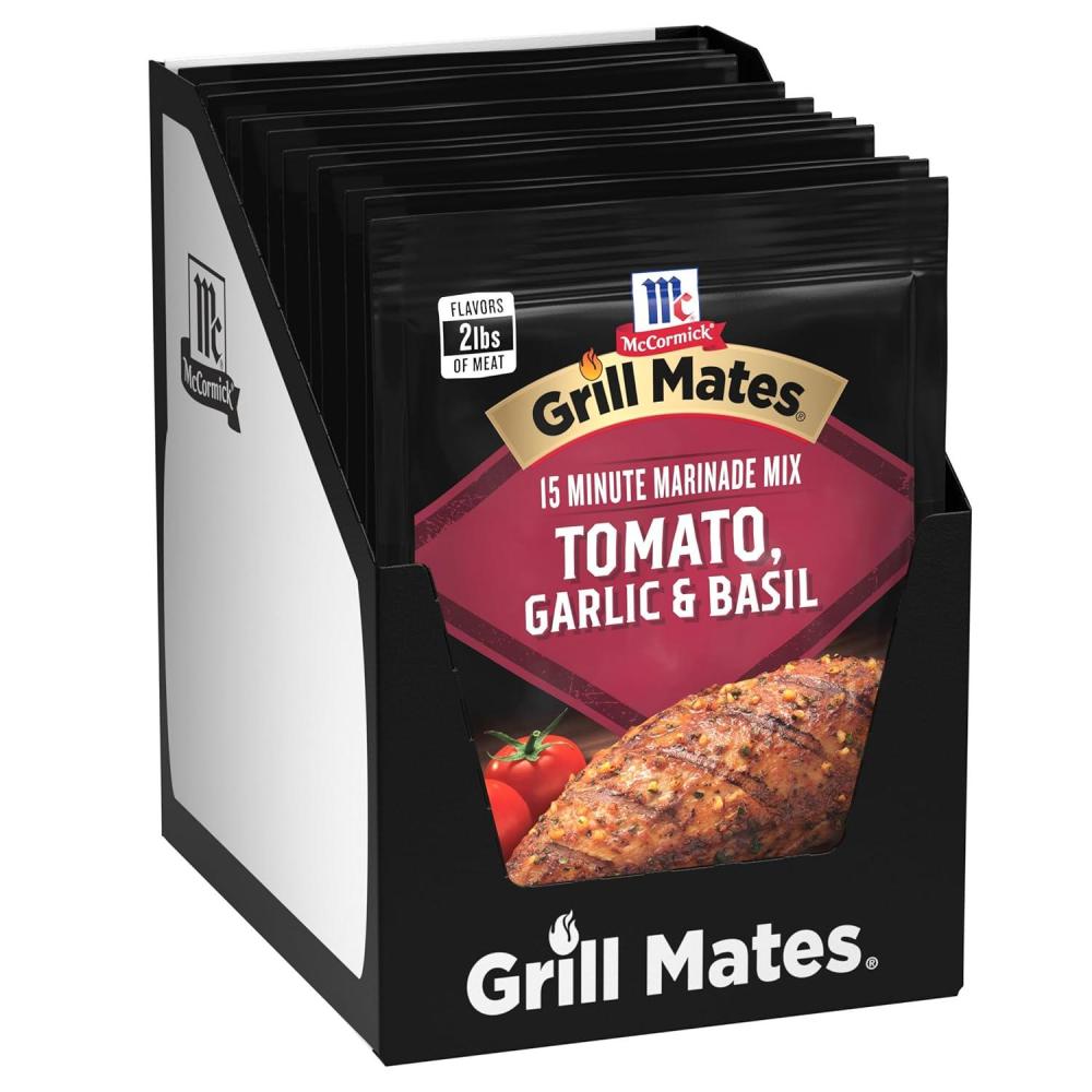 image:imageBackyard barbecues just got juicier and more delicious with McCormick Grill Mates Tomato Garlic amp Basil Marinade This refreshing seasoning features a blend of sweet tomatoes garlic basil and extractives that will keep your guests coming back for more Simply combine one marinade packet with cup water and vegetable or olive oil and 2 tablespoons white or balsamic vinegar with 2 pounds of chicken shrimp or beef marinate grill and enjoy a memorable mouthwatering meal087 Ounce Pack of 12